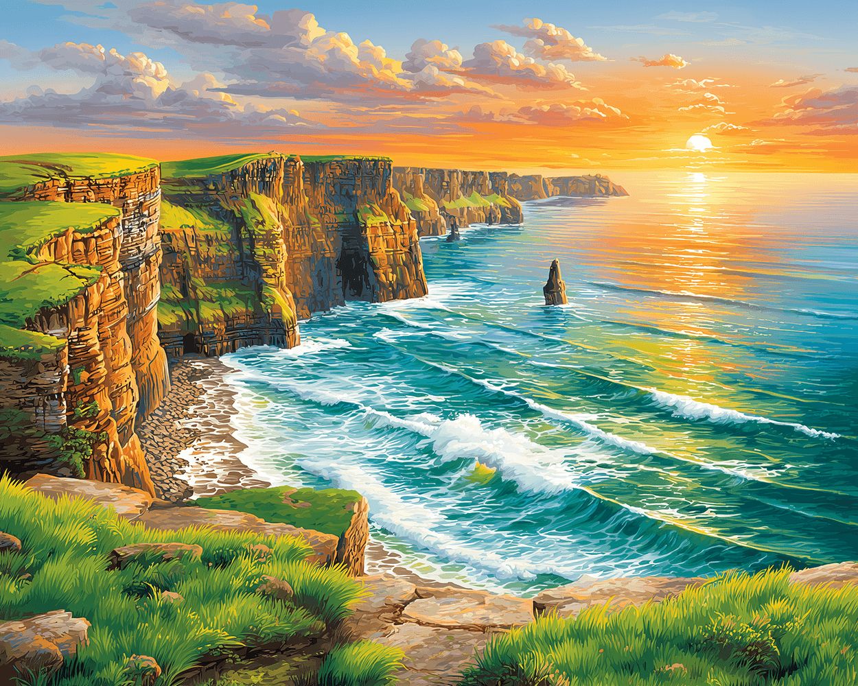 Green cliff seascape at golden sunset cross stitch kit for beginners