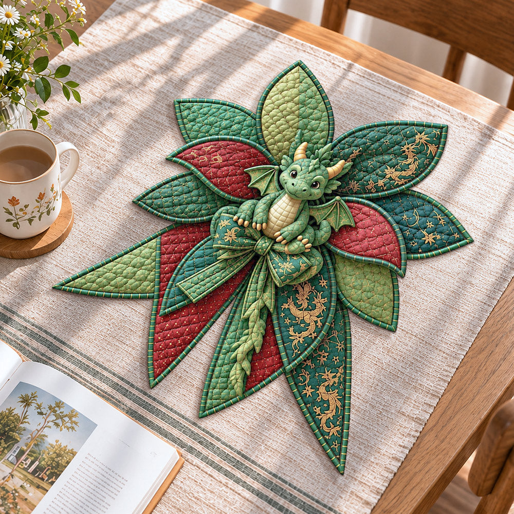 Green dragon handmade quilted bow displayed on a table as seasonal home decor