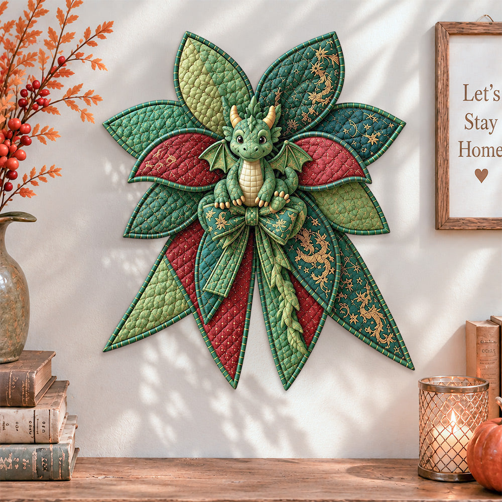 Green dragon quilted bow displayed as handmade wall decor in a cozy home