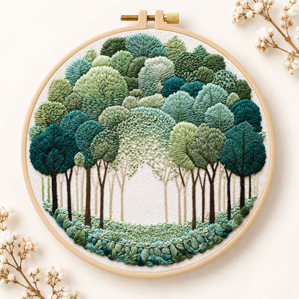 Green forest path embroidery kit