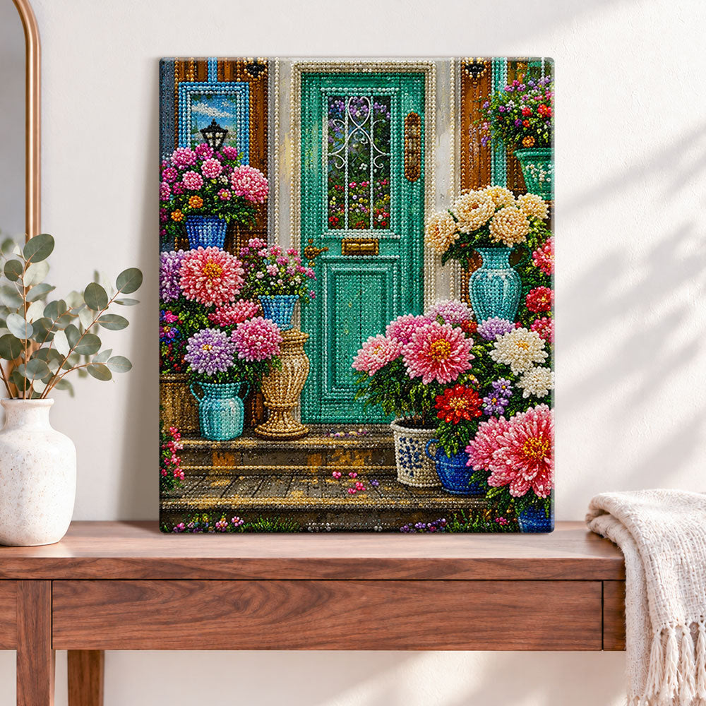 Finished green front door with potted blooms pearl diamond painting artwork displayed as home decor