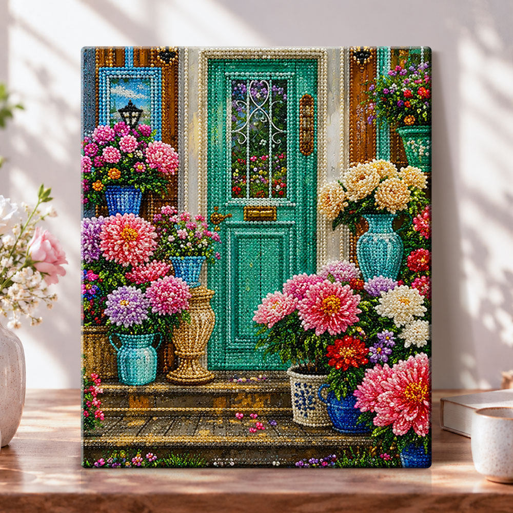 Green front door with potted blooms pearl diamond painting kit for beginners