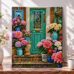 Green front door with potted blooms pearl diamond painting kit for beginners
