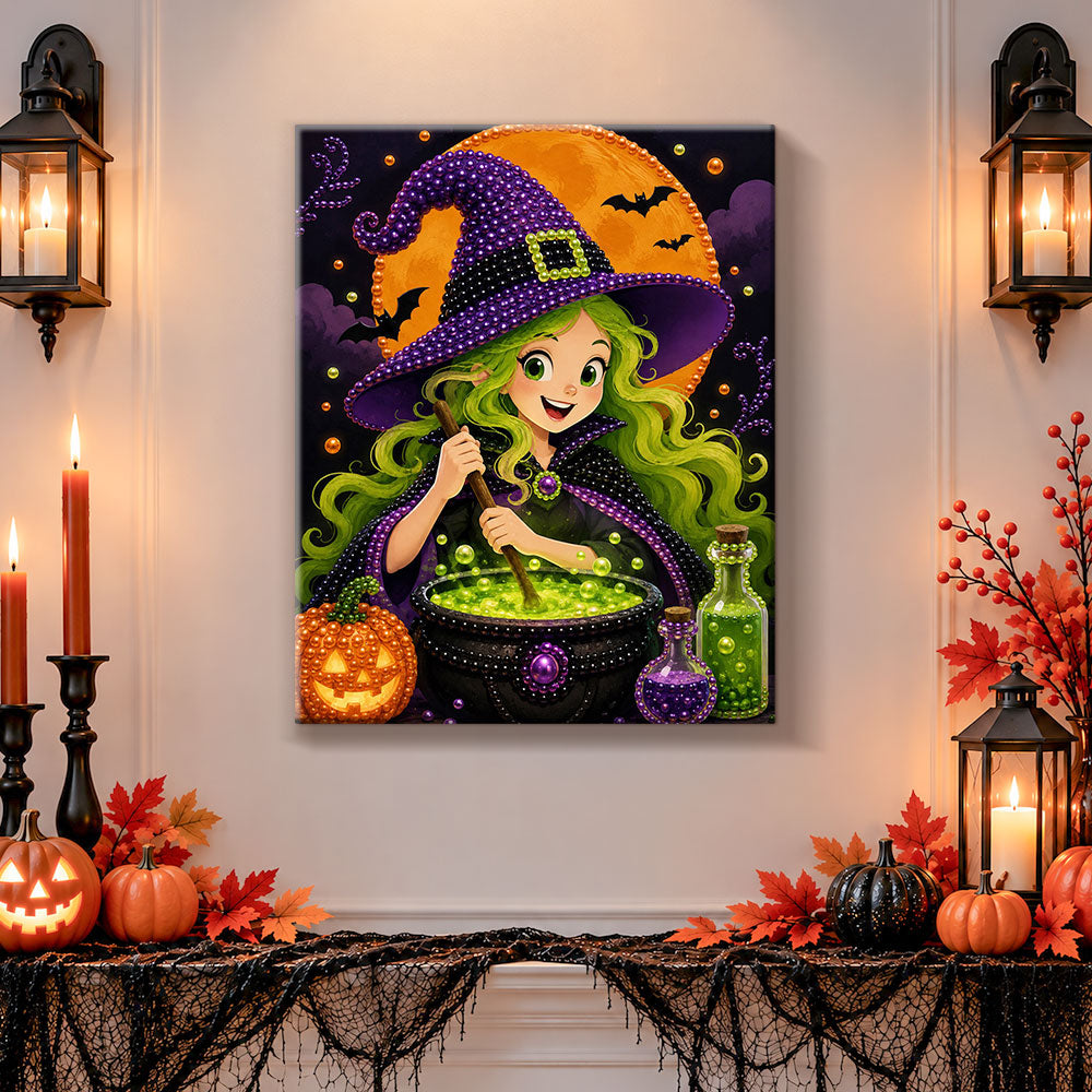Finished green‑haired witch brewing potion pearl diamond painting artwork displayed as holiday home decor