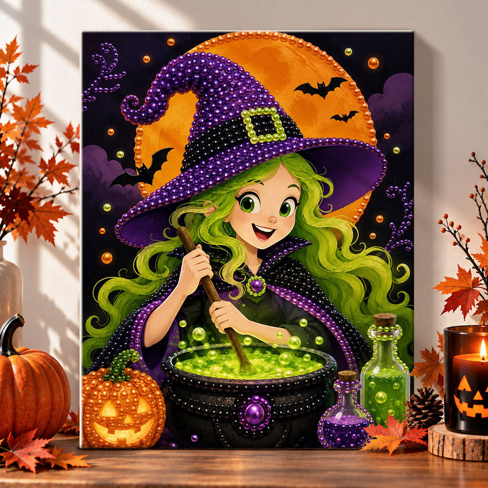 Green‑haired witch brewing potion pearl diamond painting kit for beginners