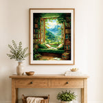 Finished green reading room with mountain view cross stitch artwork displayed as home decor