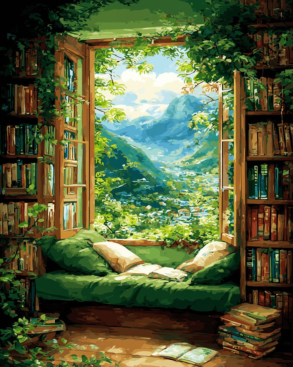 Green reading room with mountain view cross stitch kit for beginners