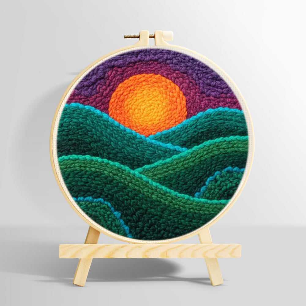 Green rolling hills at sunset punch needle kit for beginners