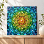 Finished green‑toned mandala flower pearl diamond painting artwork displayed as holiday home decor