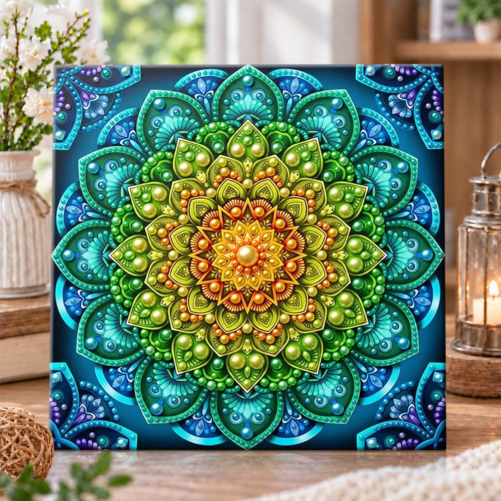 Green‑toned mandala flower pearl diamond painting kit for beginners