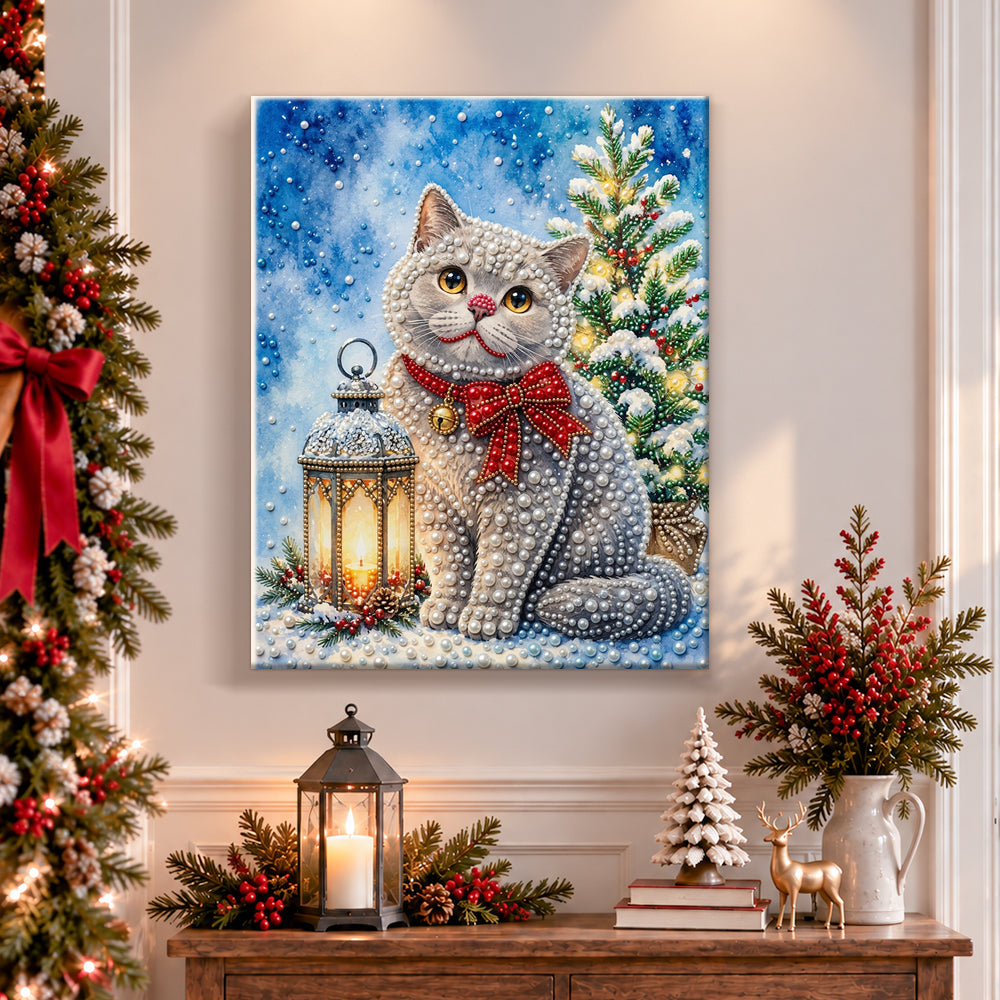 Finished grey cat with festive lantern pearl diamond painting artwork displayed as holiday home decor