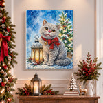 Finished grey cat with festive lantern pearl diamond painting artwork displayed as holiday home decor