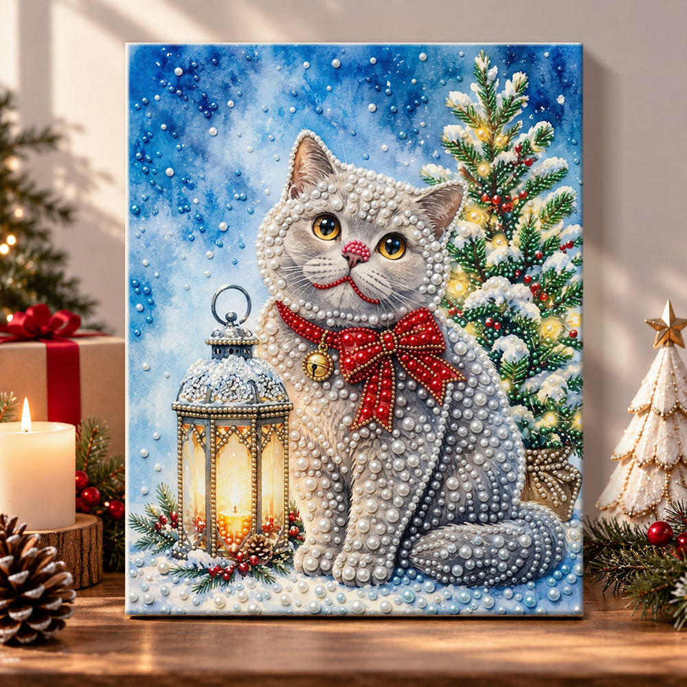 Grey cat with festive lantern pearl diamond painting kit for beginners
