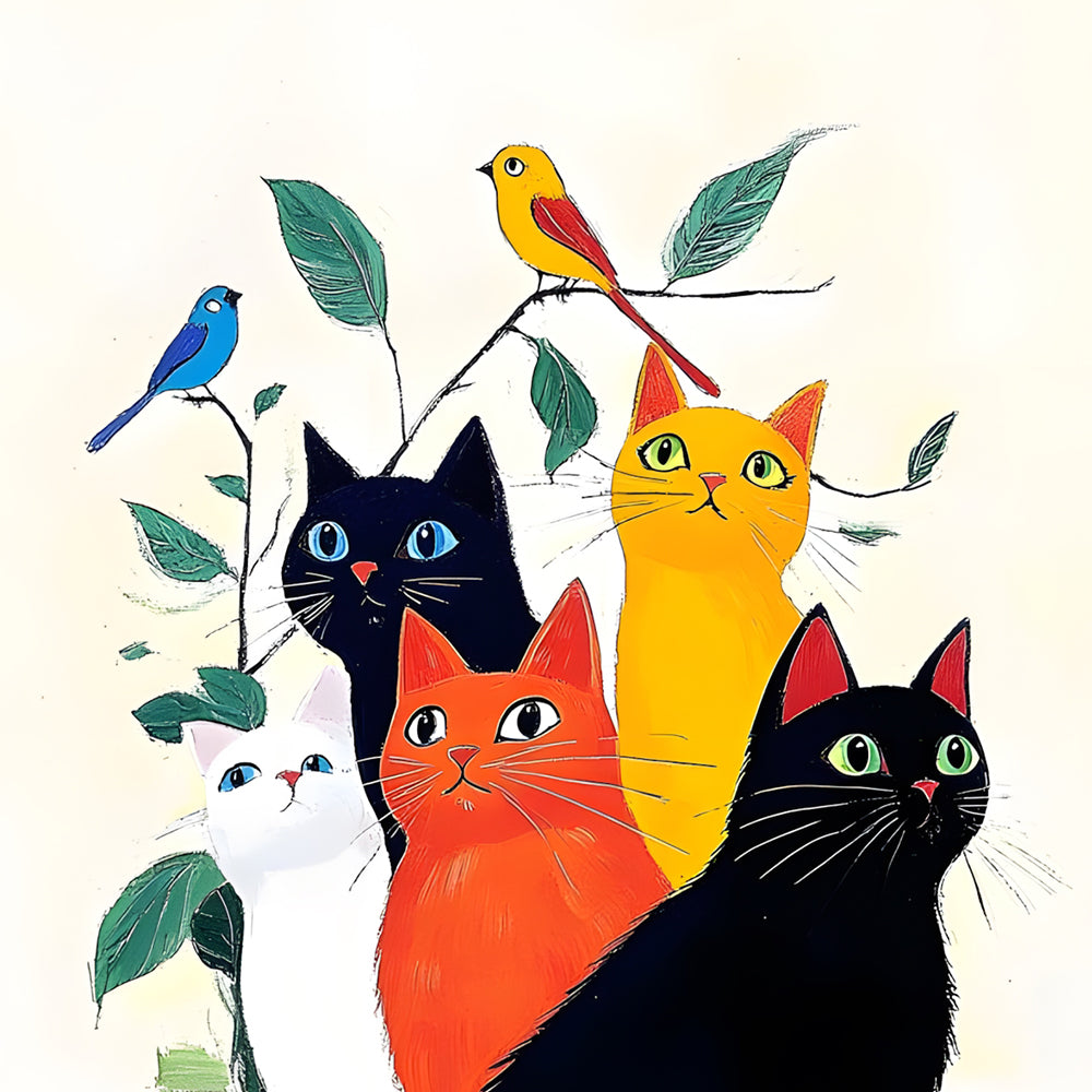 Group cats and little birds cross stitch kit for beginners