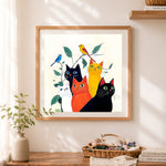 Finished group cats and little birds cross stitch artwork displayed as home decor