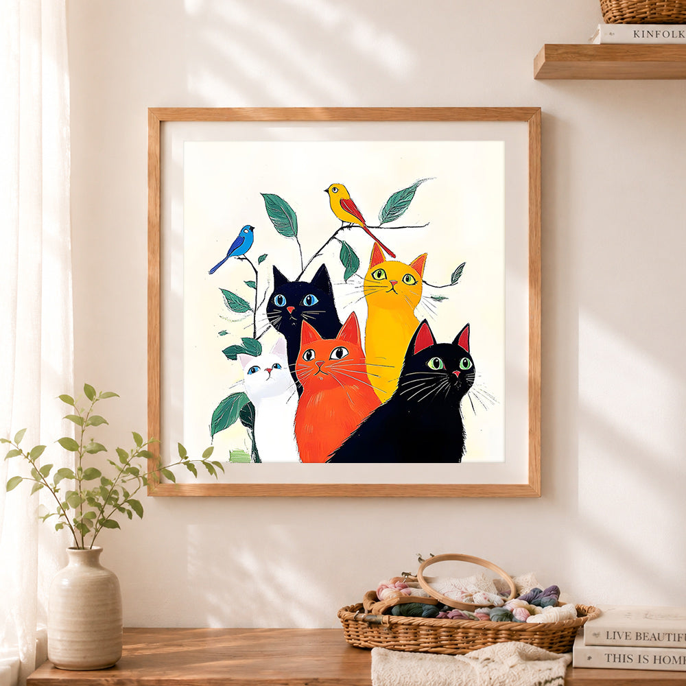 Finished group cats and little birds cross stitch artwork displayed as home decor