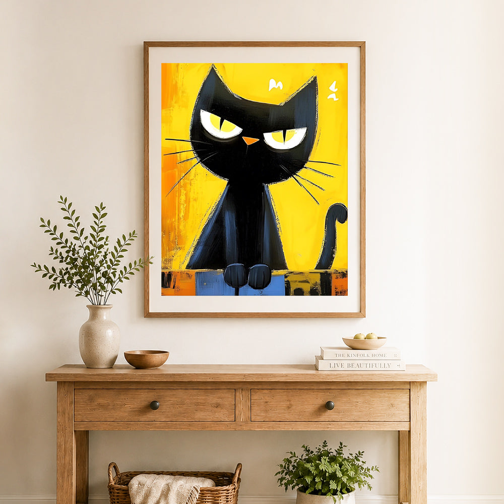 Finished grumpy black cat art cross stitch artwork displayed as home decor