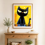 Finished grumpy black cat art cross stitch artwork displayed as home decor