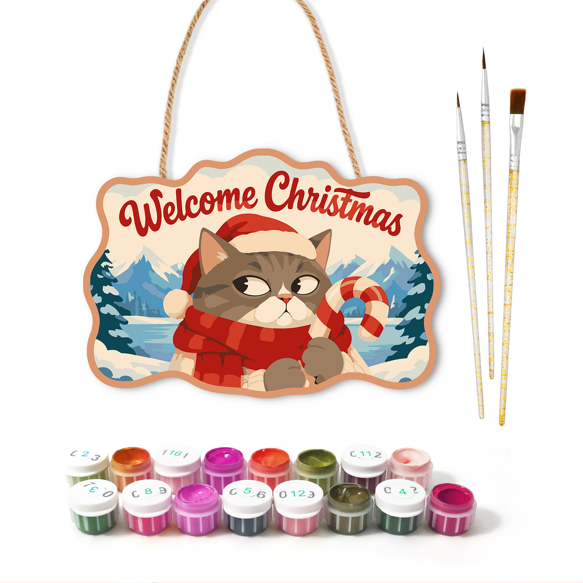 Grumpy cat with candy cane paint by numbers door hanger with paints and brushes