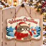Grumpy cat with candy cane paint by numbers door hanger on a garden gate