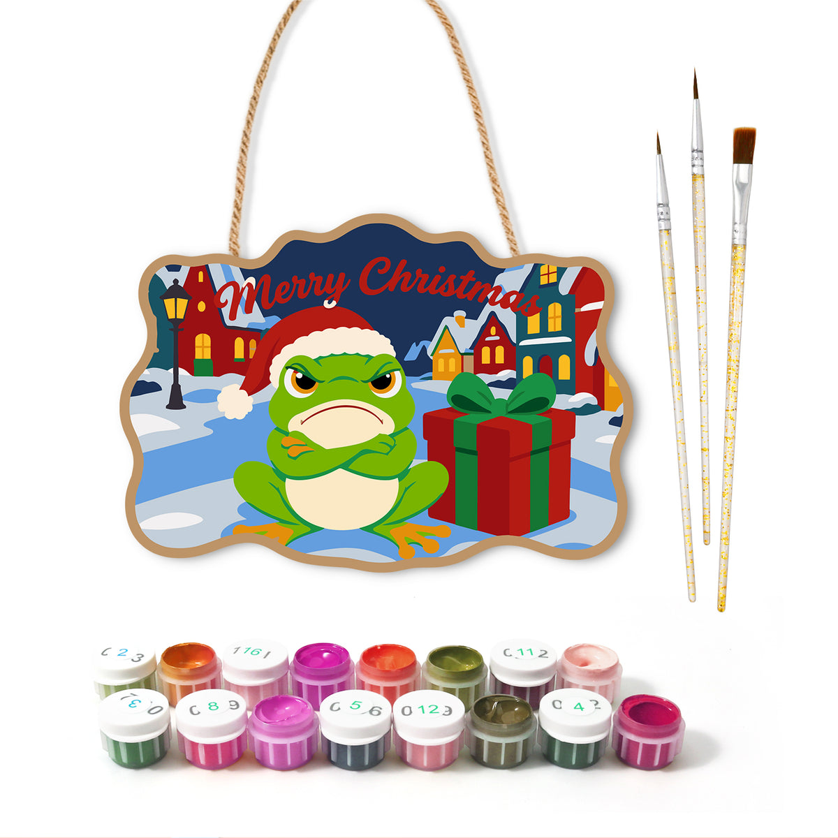 Grumpy frog christmas paint by numbers door hanger with paints and brushes