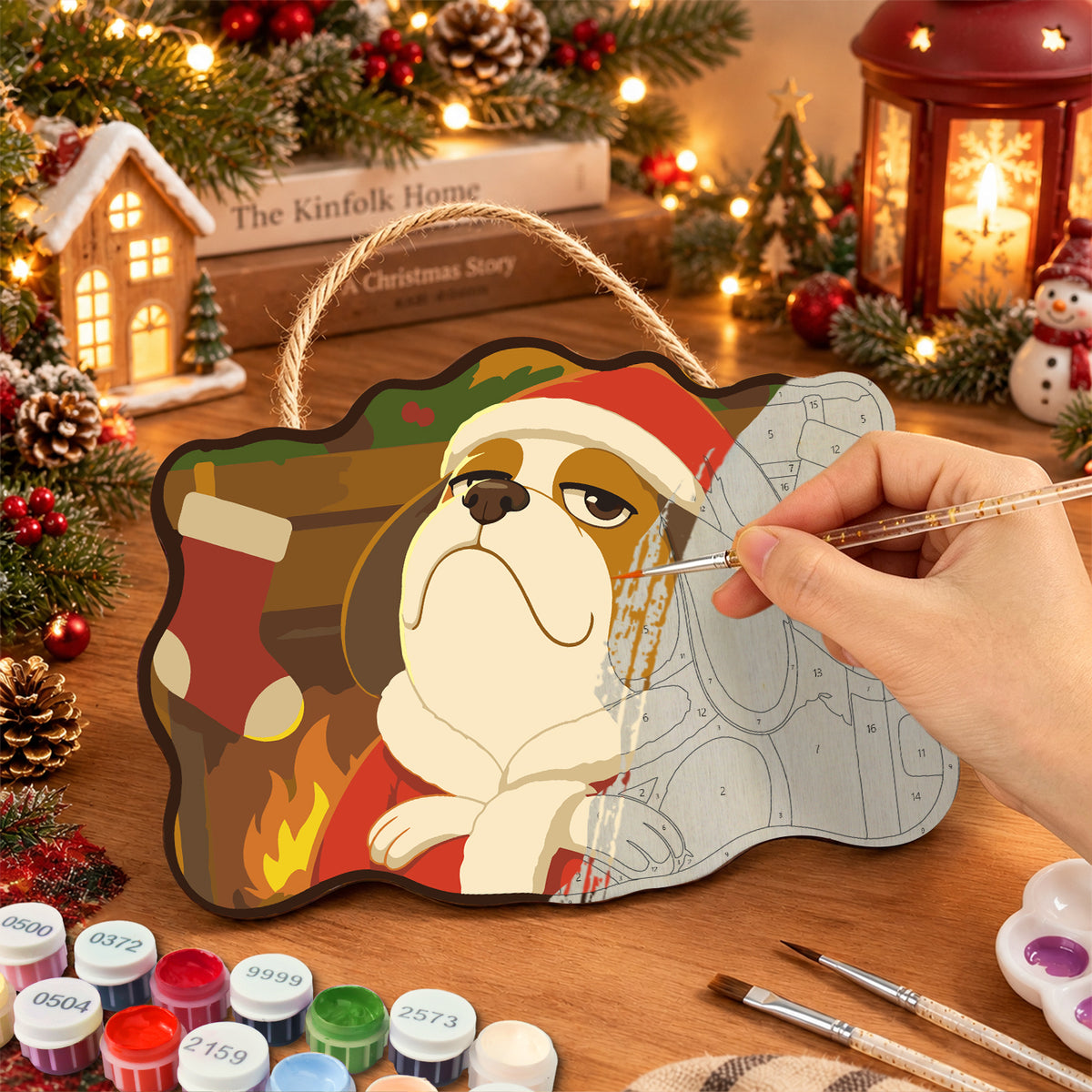 Grumpy santa dog paint by numbers door hanger painting process