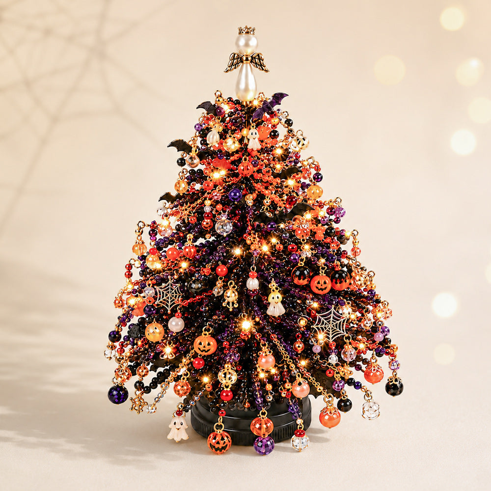 Halloween Beaded Tree Kit with orange, black and purple beads, pumpkins, bats and ghost charms