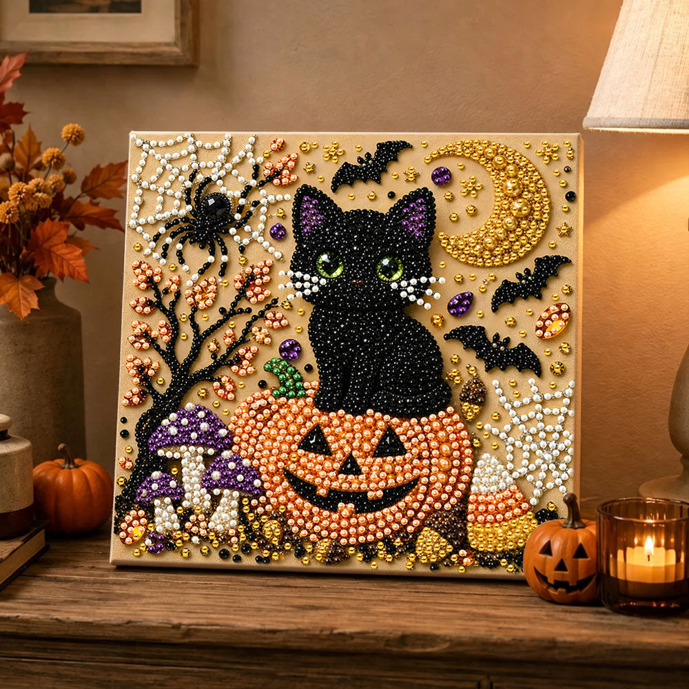 Finished halloween black cat and pumpkin pearl diamond painting artwork displayed as holiday home decor