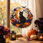 Finished halloween black cat & crescent moon pearl diamond painting artwork displayed as holiday home decor