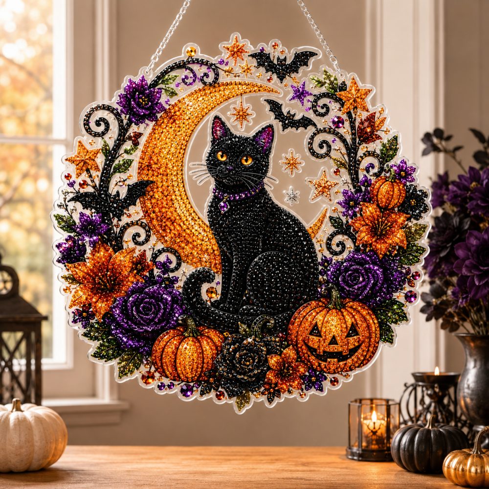 Halloween black cat & crescent moon pearl diamond painting kit for beginners