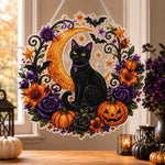 Halloween black cat & crescent moon pearl diamond painting kit for beginners