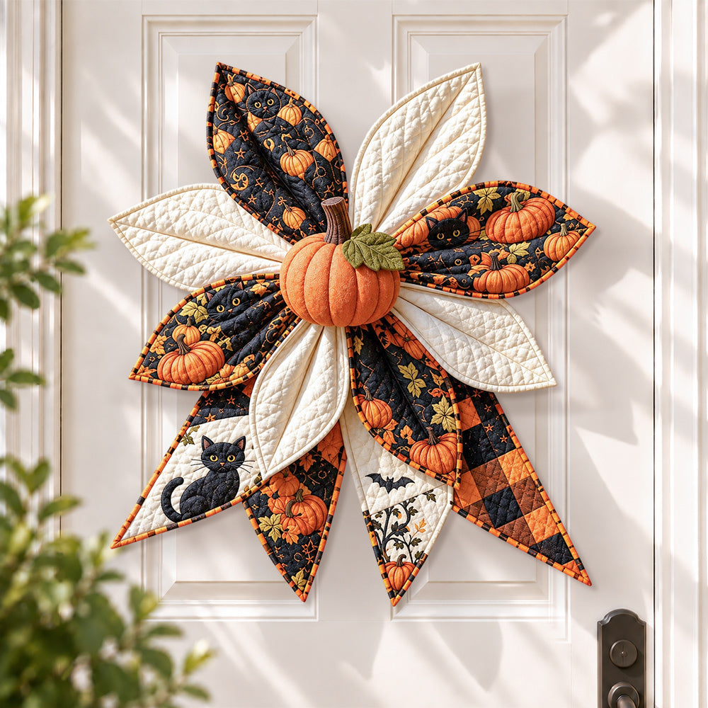Halloween black cat DIY quilted bow sewing kit finished as a handmade door decoration