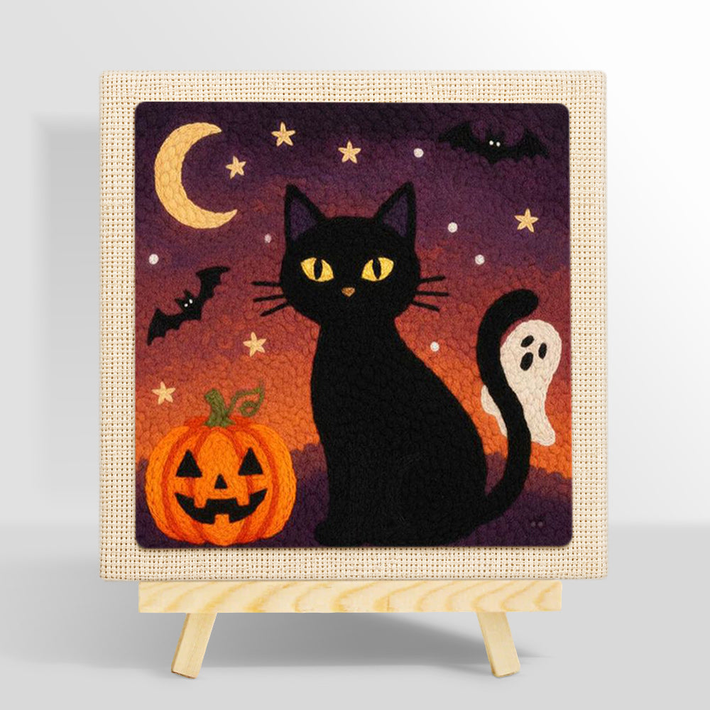 Halloween black cat night punch needle kit for beginners