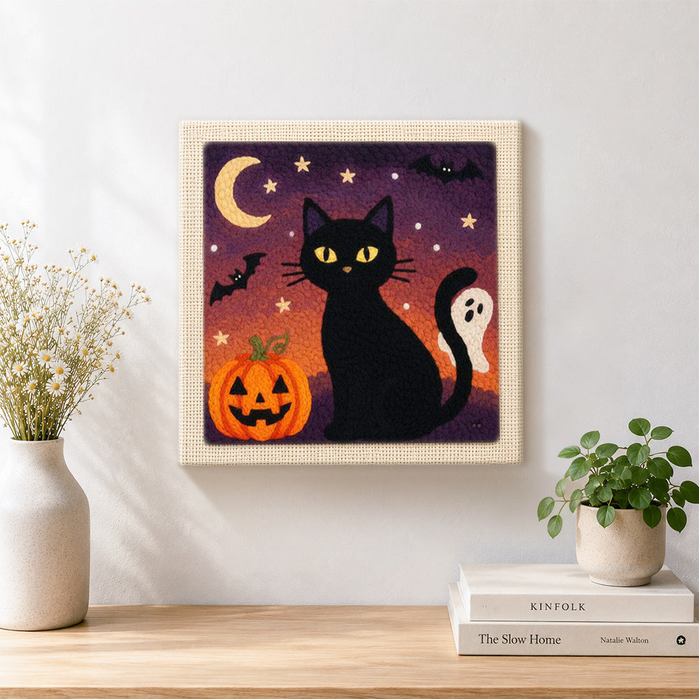 Finished halloween black cat night artwork displayed on a wall