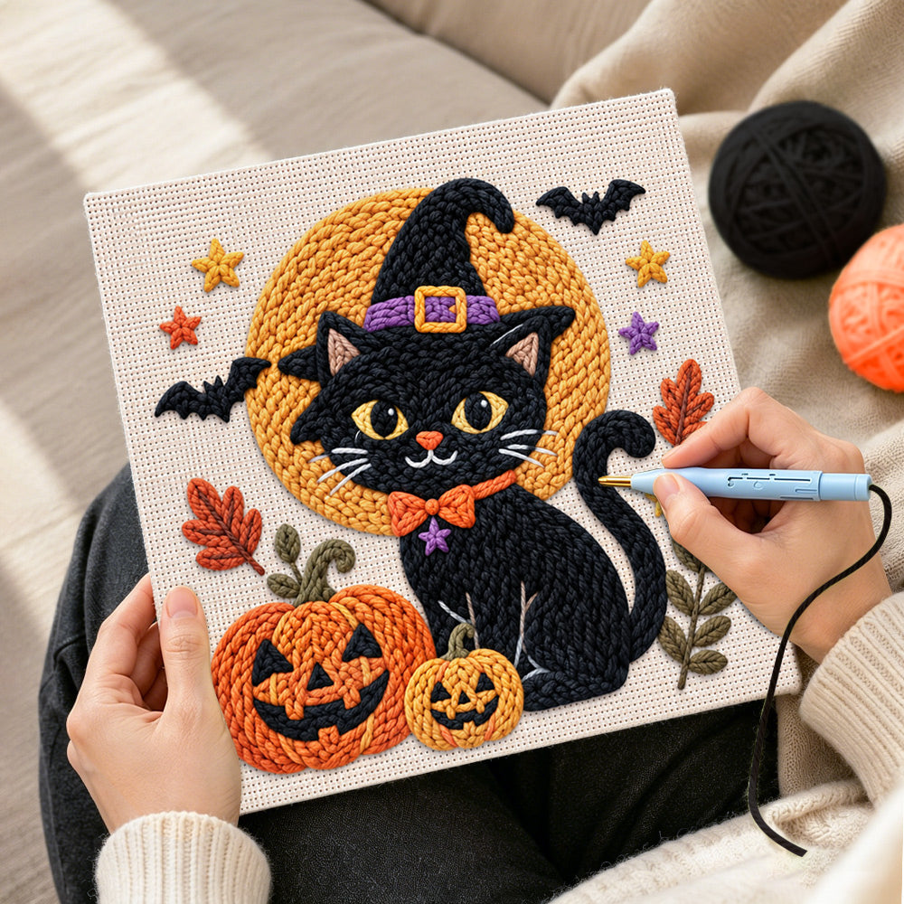 Creating handmade halloween black cat punch needle artwork