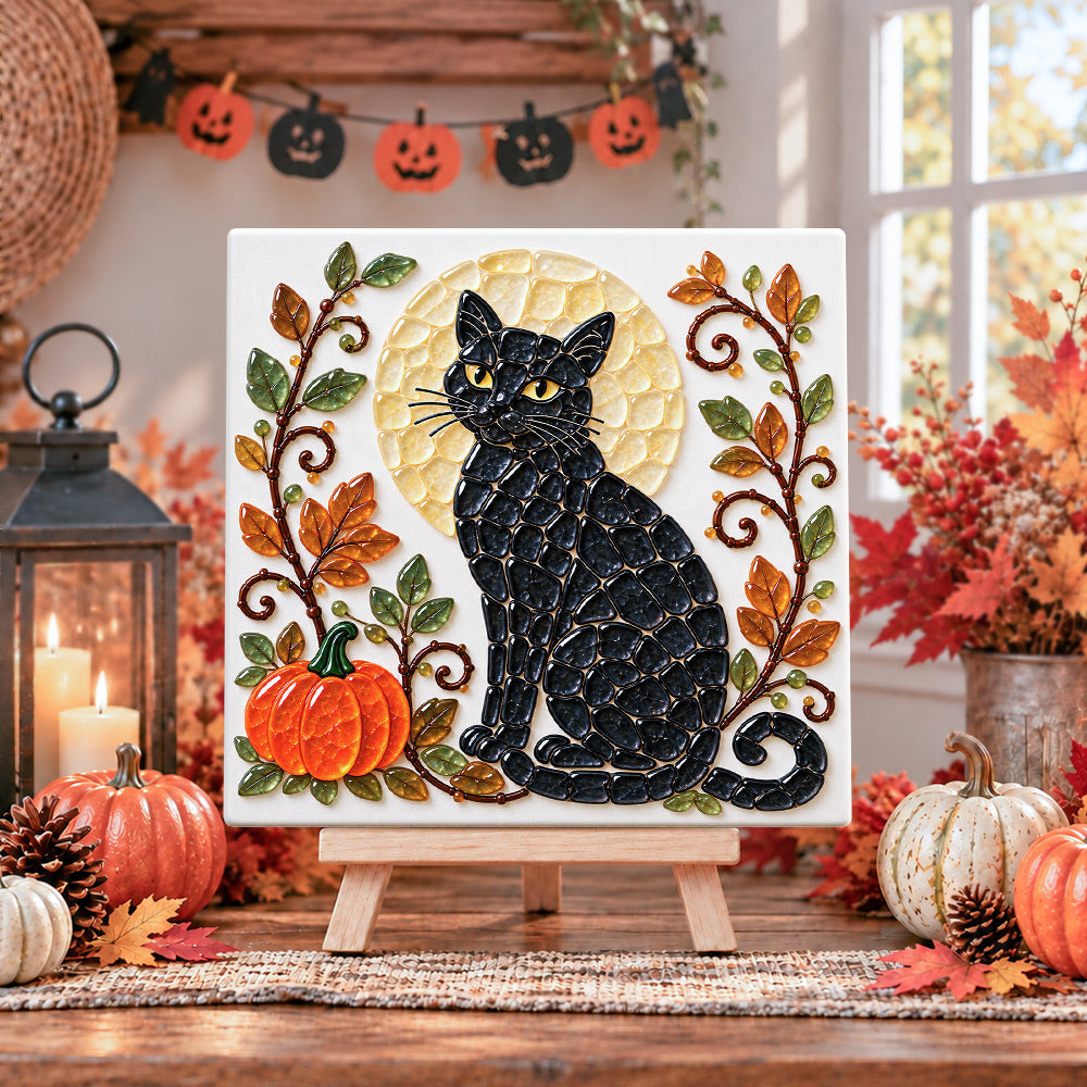 Halloween black cat sea glass art kit displayed as seasonal home decor