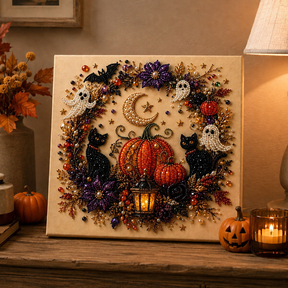 Finished halloween black cats and pumpkin wreath pearl diamond painting artwork displayed as holiday home decor