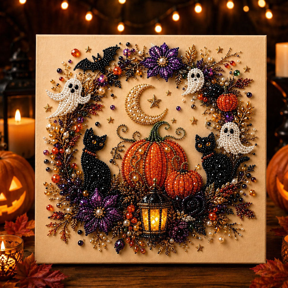 Halloween black cats and pumpkin wreath pearl diamond painting kit for beginners