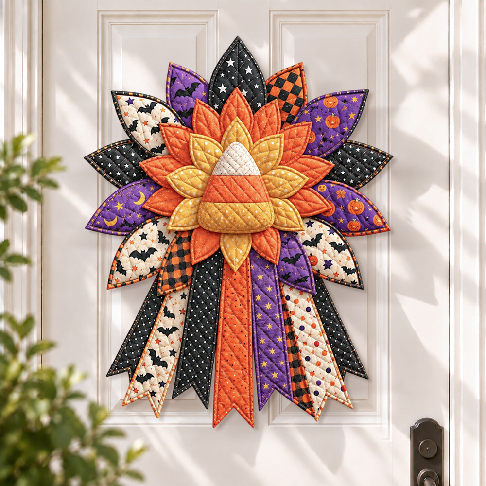 Halloween candy corn DIY quilted bow sewing kit finished as a handmade door decoration
