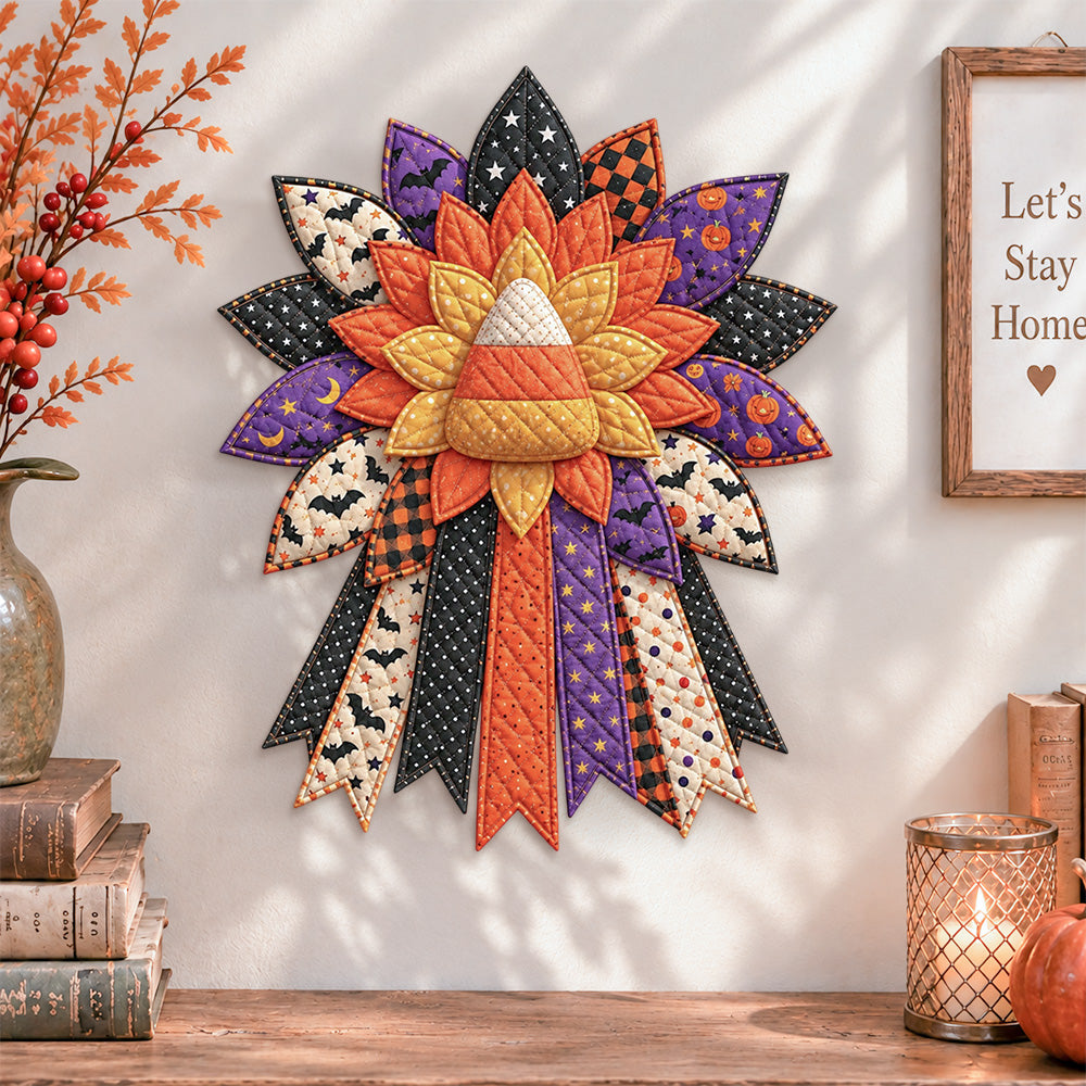 Halloween candy corn quilted bow displayed as handmade wall decor in a cozy home