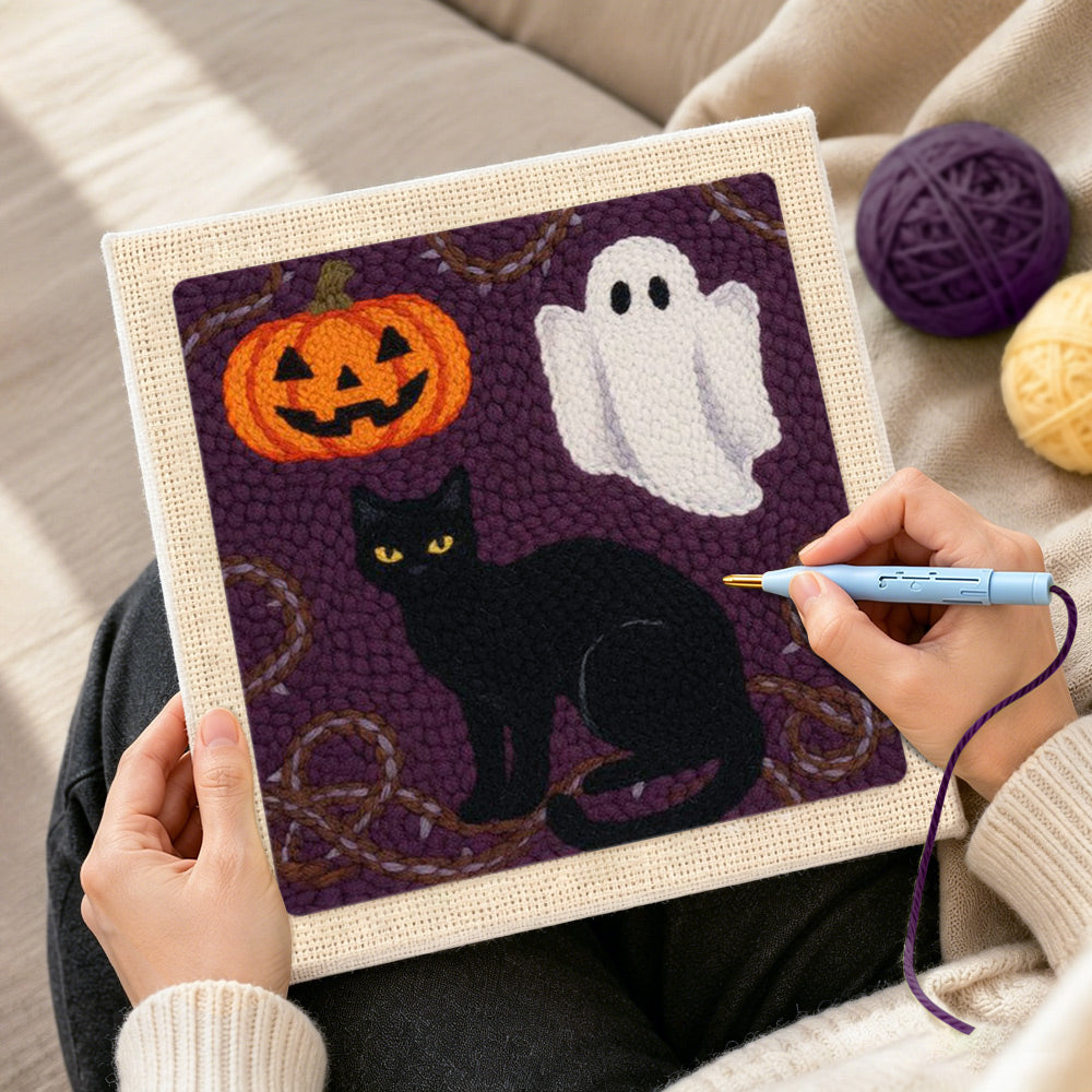 Creating handmade halloween cat and ghost punch needle artwork