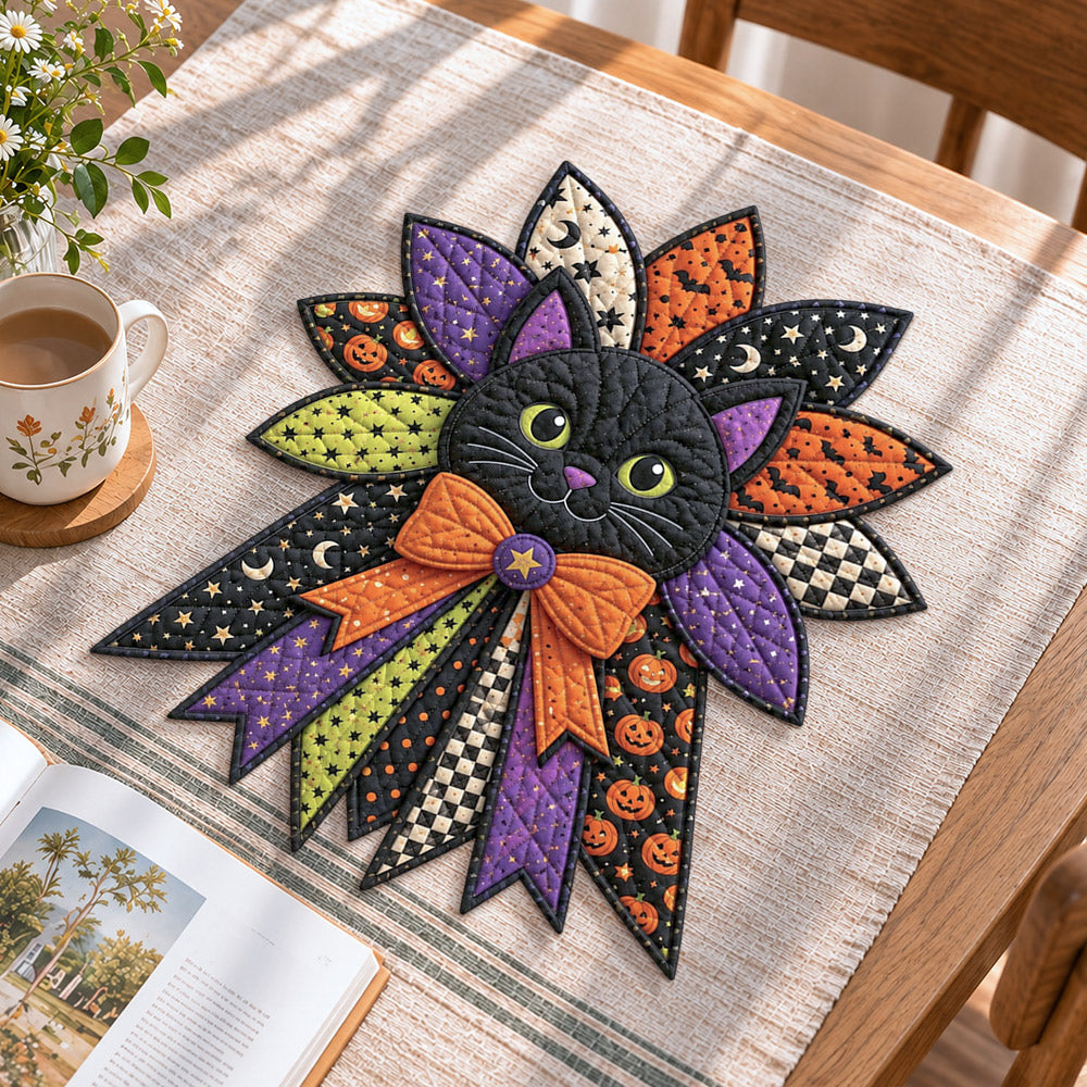 Halloween cat night handmade quilted bow displayed on a table as seasonal home decor