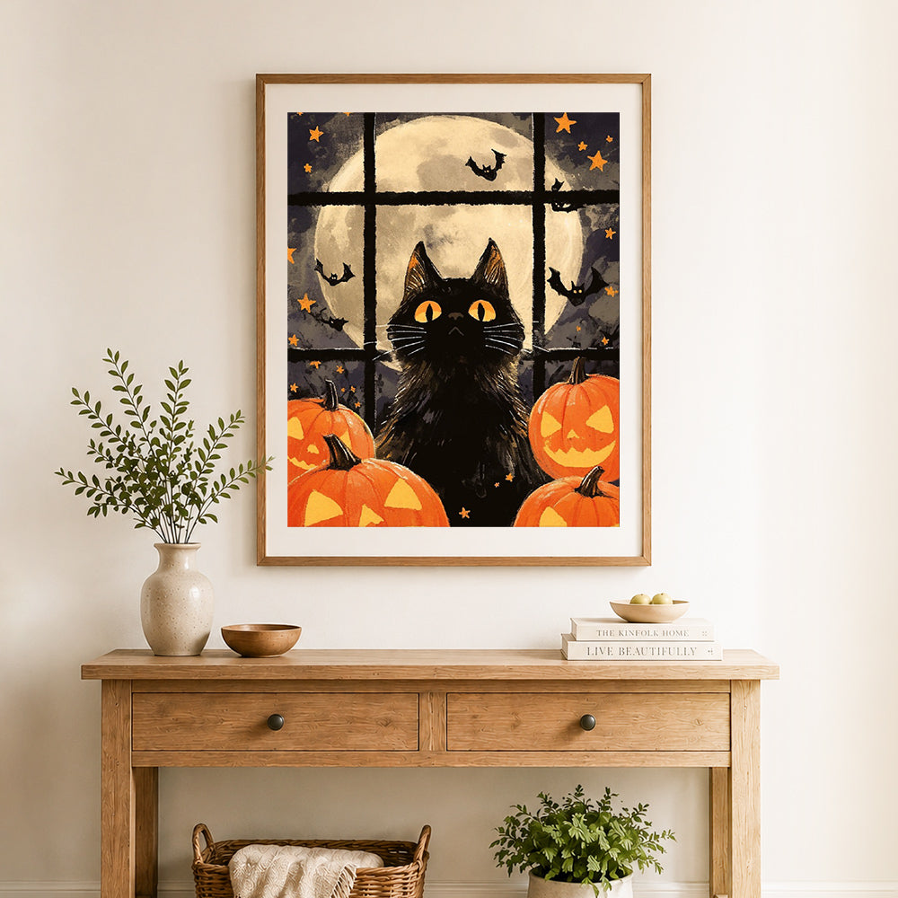 Finished halloween cat under full moon cross stitch artwork displayed as home decor