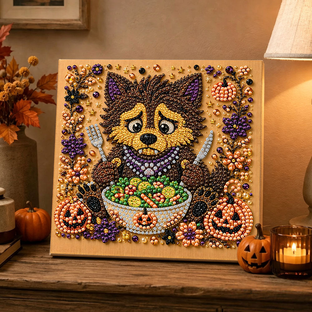Finished halloween cute werewolf pearl diamond painting artwork displayed as holiday home decor
