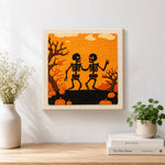 Finished halloween dancing skeletons artwork displayed on a wall