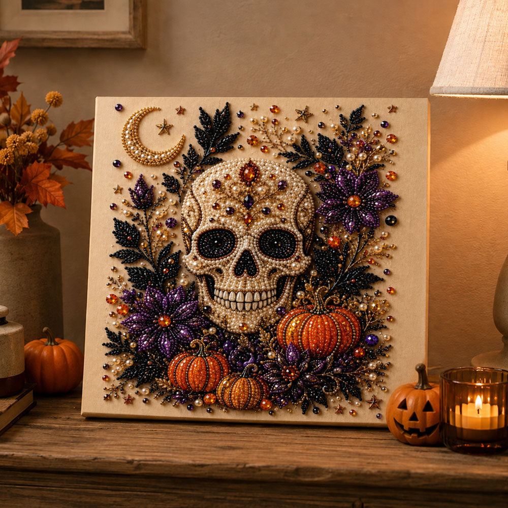 Finished halloween floral skull pearl diamond painting artwork displayed as holiday home decor