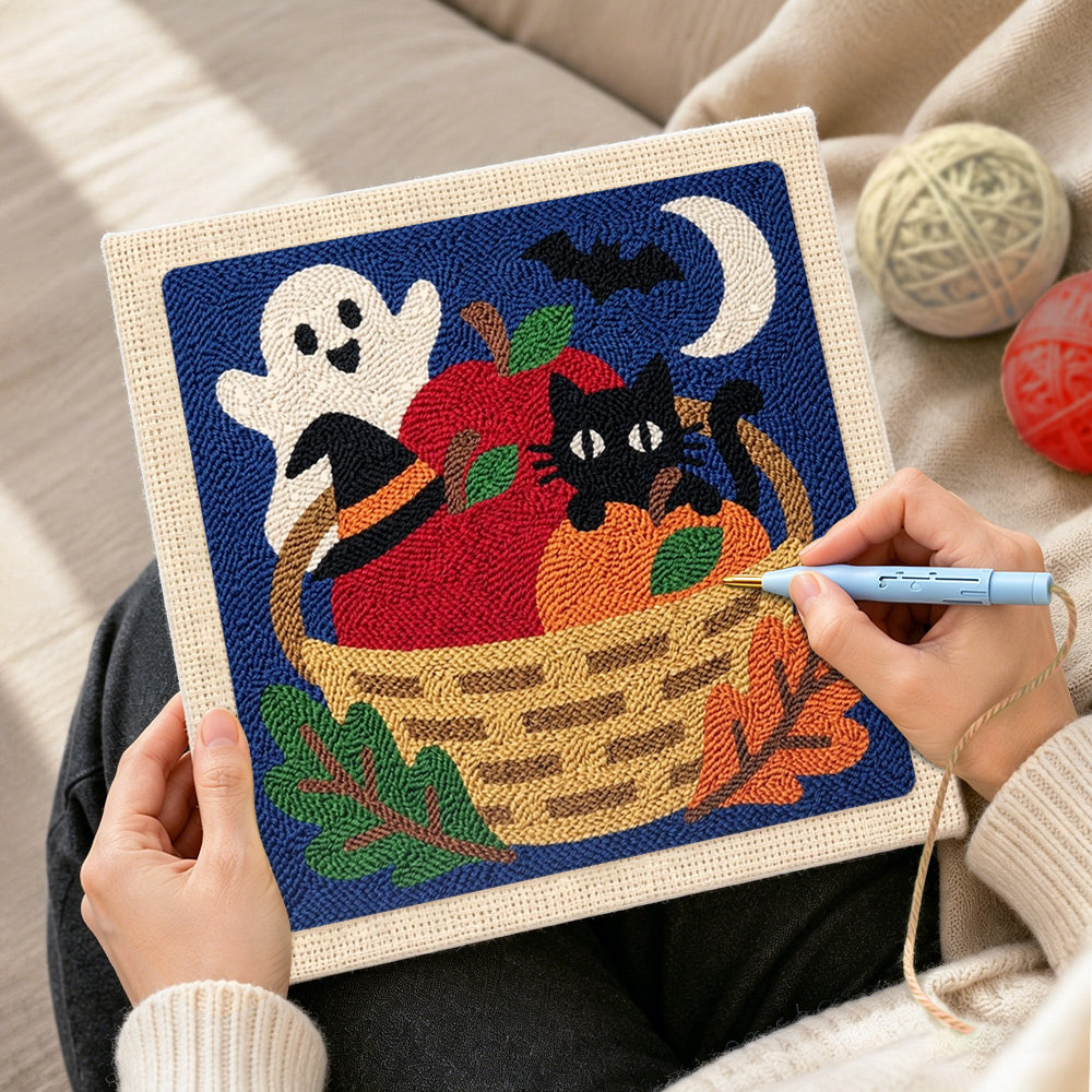 Creating handmade halloween fruit basket scene punch needle artwork