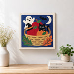 Finished halloween fruit basket scene artwork displayed on a wall