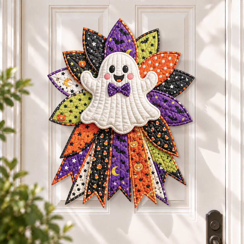 Halloween ghost DIY quilted bow sewing kit finished as a handmade door decoration