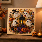 Finished halloween ghost lantern wreath pearl diamond painting artwork displayed as holiday home decor
